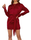 R.Vivimos Women's Satin Dress Long Sleeve Casual Wrap Ruched Tie Waist Party Mini Dress
