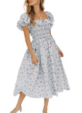 R.Vivimos Womens Summer Floral Print Puff Sleeves Vintage Ruffles Midi Dress