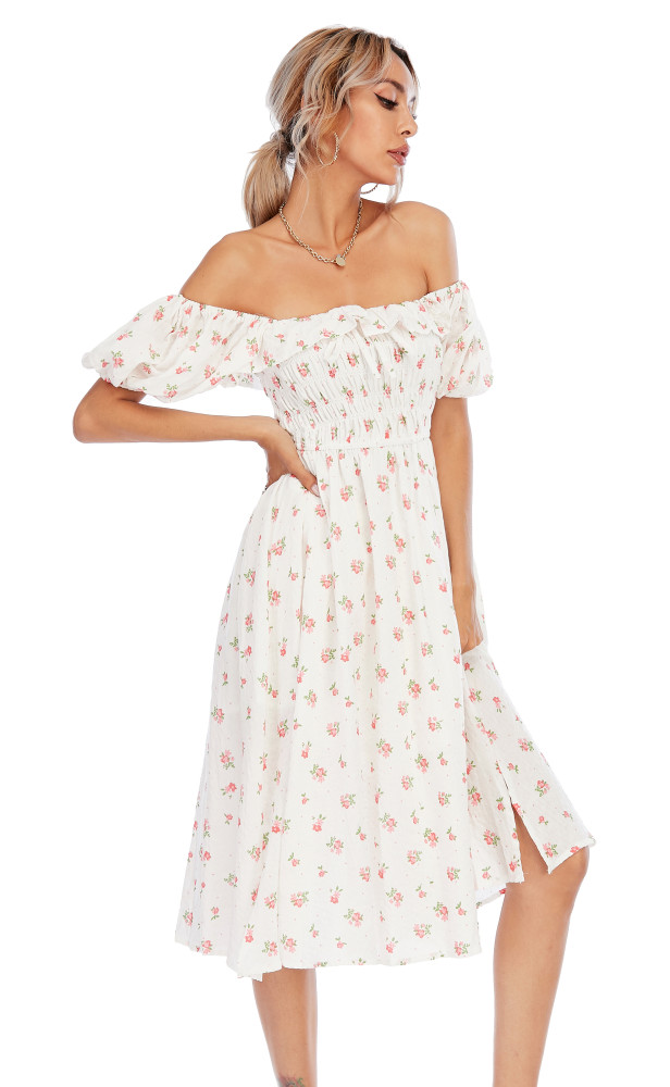 R.Vivimos Womens Summer Floral Print Puff Sleeves Vintage Ruffles Midi Dress