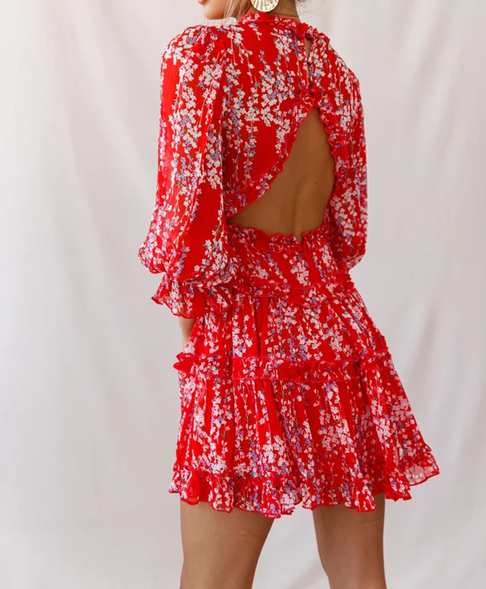 R.Vivimos Womens Summer Fall Long Sleeve Floral Dress Boho Deep V Neck Ruffle Open Back A-Line Swing Mini Dress