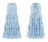 R.Vivimos Women's Summer Dress Boho Sleeveless Halter Layered Ruffle Casual Swing Mini Dress with Pockets