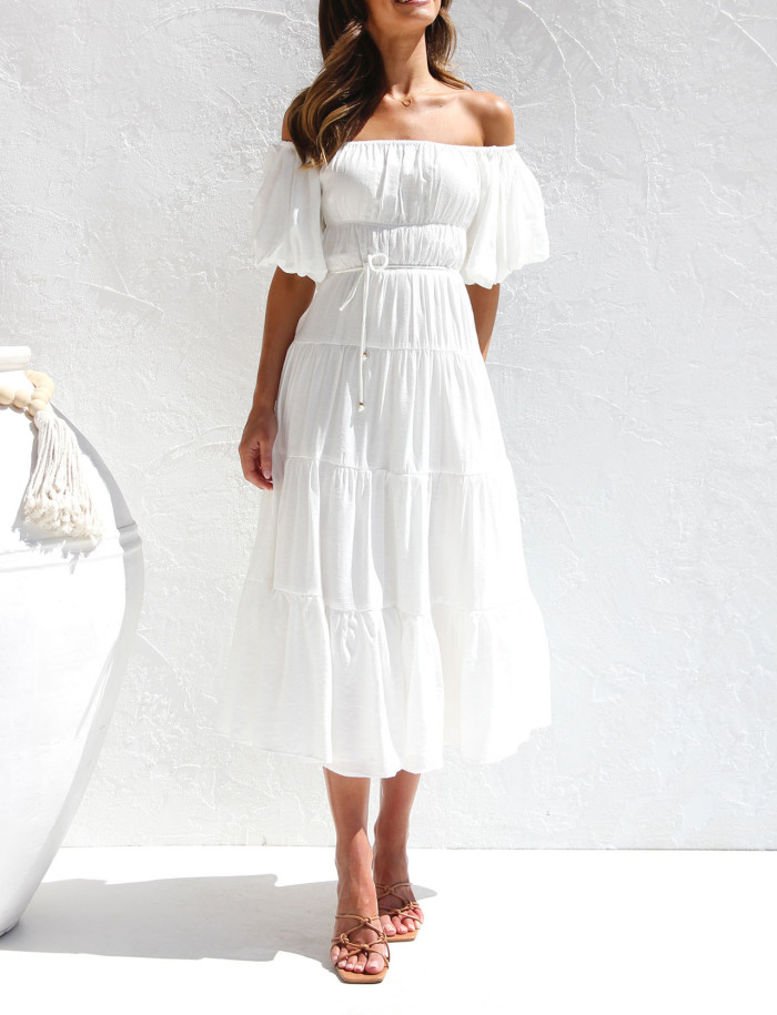 R.Vivimos Off-Shoulder Dresses for Women Summer Puff Sleeve Empire Waist Casual Ruffle A-Line Flowy Midi Dress with Belt
