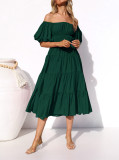 R.Vivimos Off-Shoulder Dresses for Women Summer Puff Sleeve Empire Waist Casual Ruffle A-Line Flowy Midi Dress with Belt