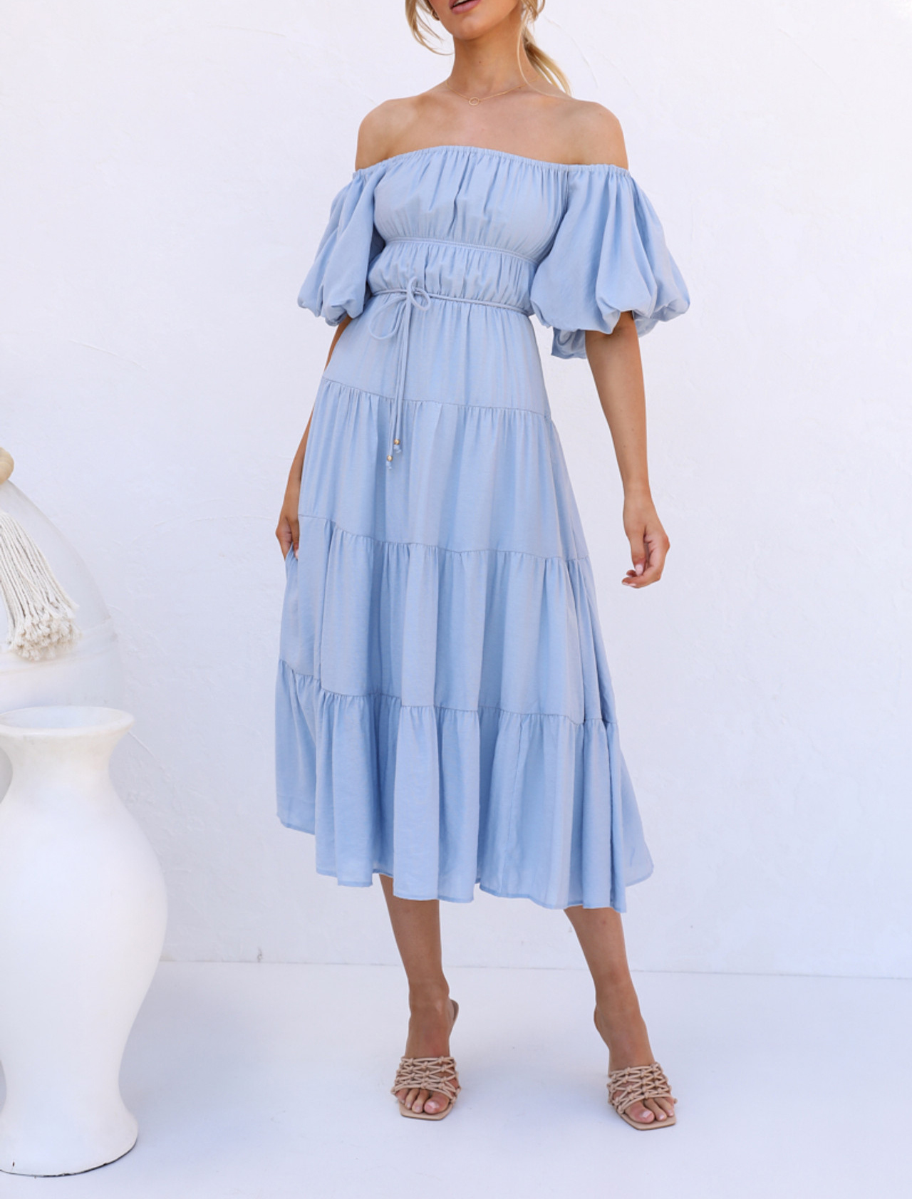 R.Vivimos Off-Shoulder Dresses for Women Summer Puff Sleeve Empire Waist Casual Ruffle A-Line Flowy Midi Dress with Belt2