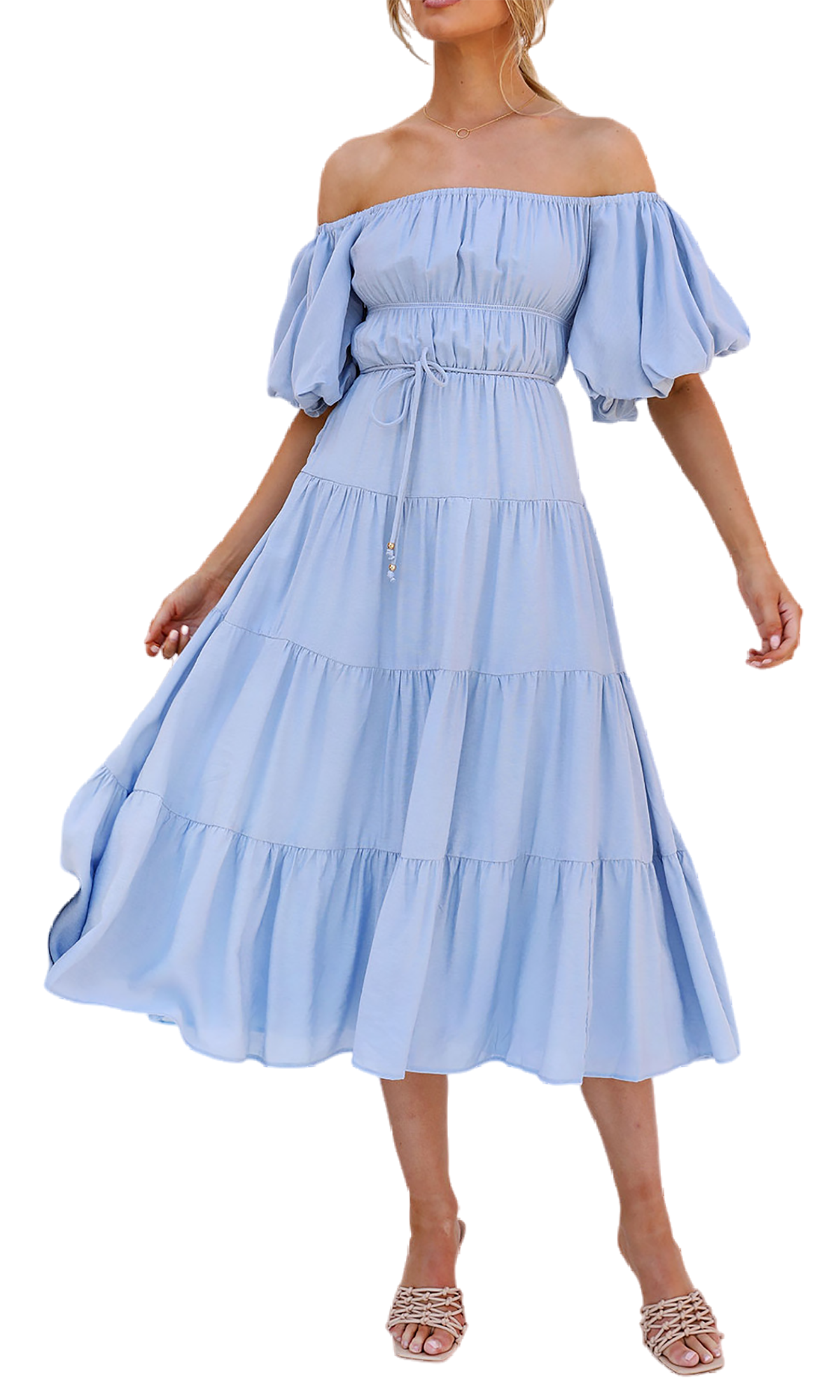 R.Vivimos Off-Shoulder Dresses for Women Summer Puff Sleeve Empire Waist Casual Ruffle A-Line Flowy Midi Dress with Belt