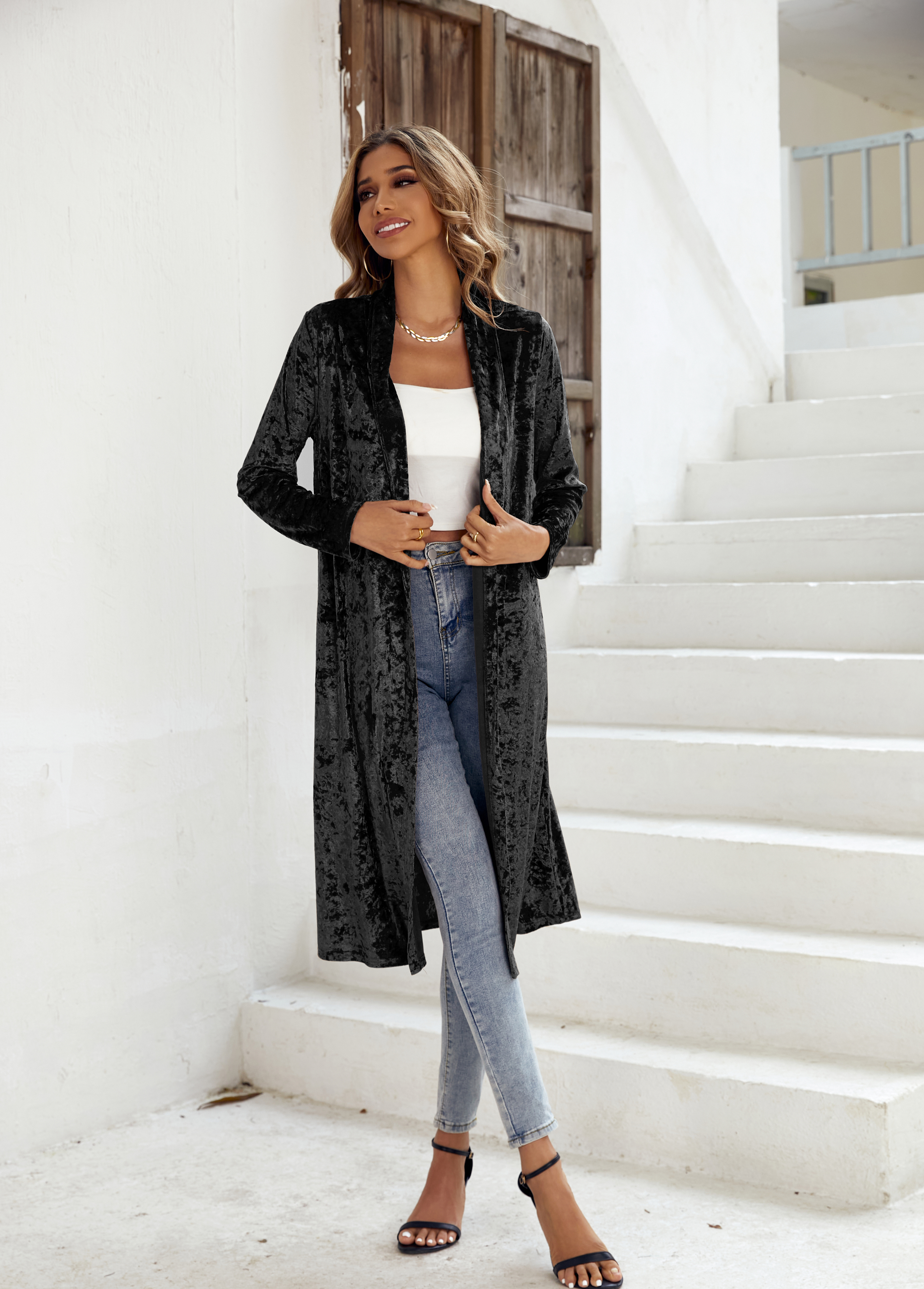 R.Vivimos Women's Long Sleeves Casual Velvet Jacket Open Front