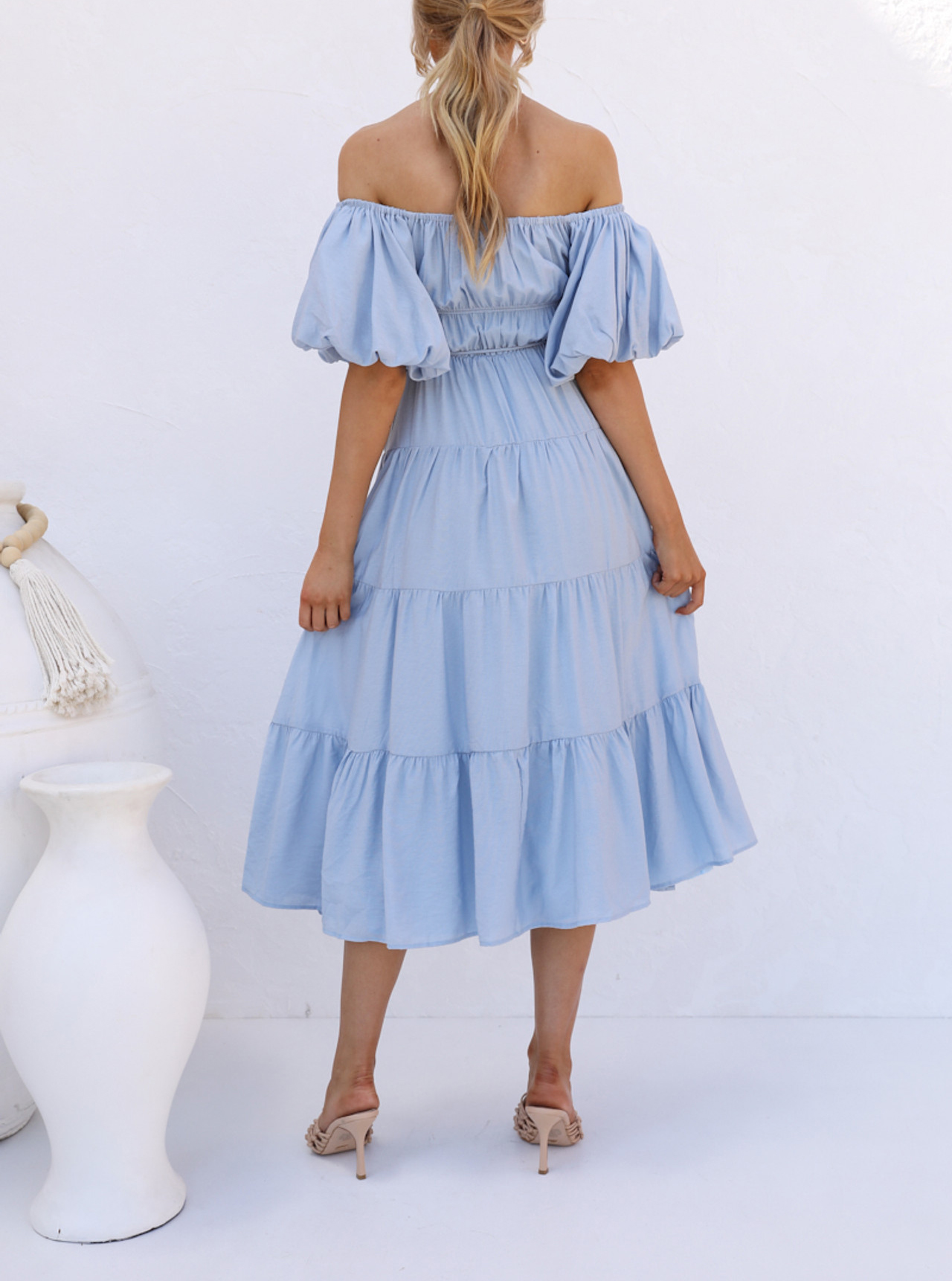 R.Vivimos Off-Shoulder Dresses for Women Summer Puff Sleeve Empire Waist Casual Ruffle A-Line Flowy Midi Dress with Belt4