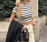 R.Vivimos Crop Tops for Women Spring Summer Short Sleeve Crew Neck Rib-Knit Stretchy Striped T-Shirts Blouses