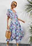 R.Vivimos Women Summer Print Deep V Neck Cotton Beach Midi Dresses