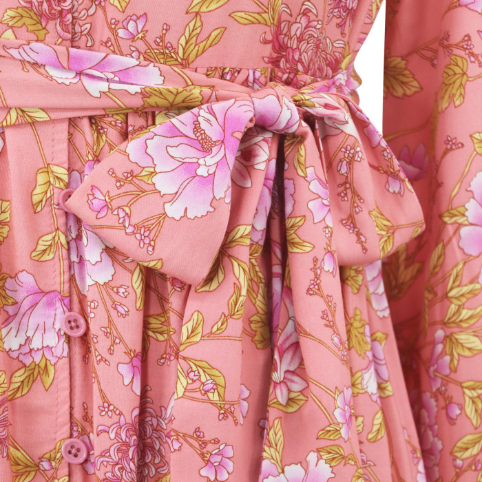 R.Vivimos Women's Long Sleeve Boho Floral Print Dress Crew Neck Button Down Casual Loose Slit Flowy Midi Dress with Belt