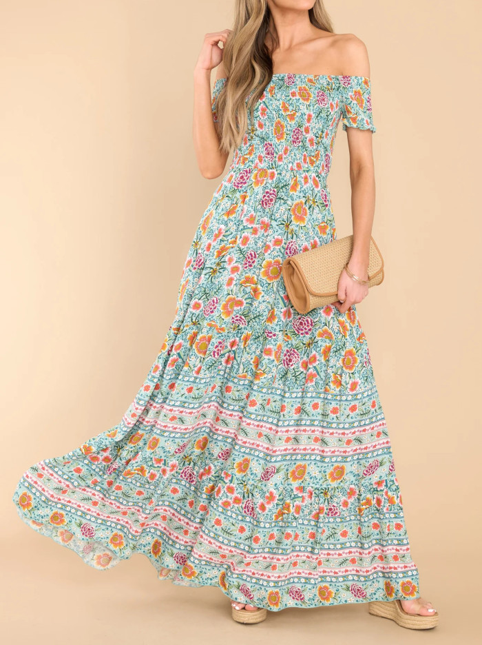 R.Vivimos Women's Summer Maxi Off-Shoulder Dresses Short Sleeve Empire Waist Boho Floral Print Casual Smocked Flowy Dresses