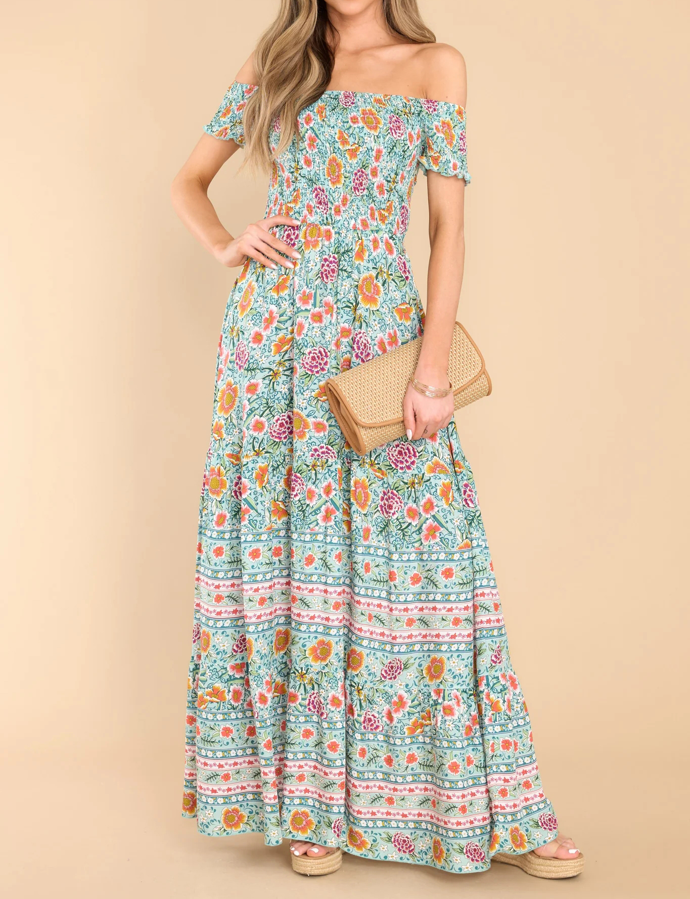 R.Vivimos Women's Summer Maxi Off-Shoulder Dresses Short Sleeve Empire Waist Boho Floral Print Casual Smocked Flowy Dresses4