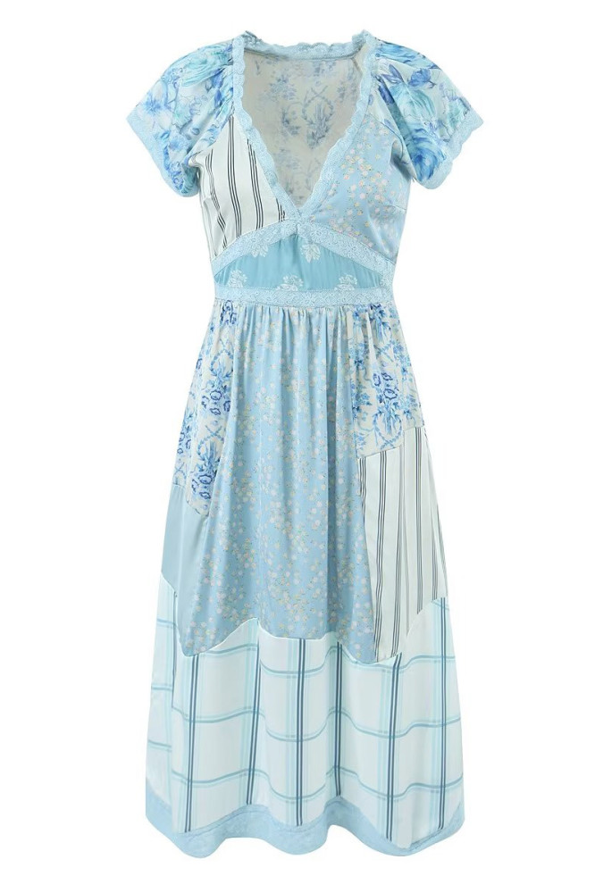 R.Vivimos Women's Summer Boho Long Dress Short Sleeve Deep V Neck Empire Waist Casual Floral Print Lace Patchwork Midi Dress