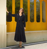 R.Vivimos Maxi Dress for Women Long Sleeve V Neck Drawstring Button Up Casual Split Flowy Dress