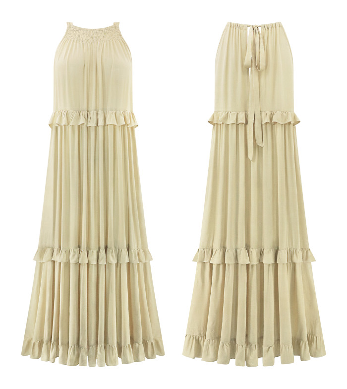 R.Vivimos Womens Summer Dress Cotton Sleeveless Halter Layered Ruffles Casual Boho Flowy Maxi Dress
