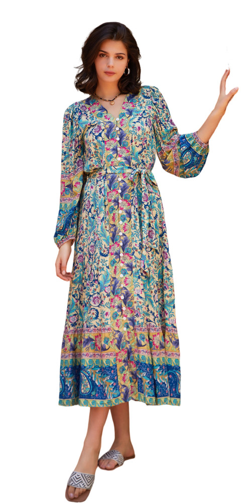 R.Vivimos Women's Long Sleeve Boho Midi Dress V Neck Floral Print Casual Button Down Loose Ruffle Beach Long Dress with Belt