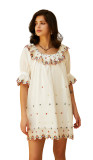 R.Vivimos Women's Summer Babydoll Mini Dress Cotton Puff Sleeve Floral Embroidered Casual Loose Tunic Dress
