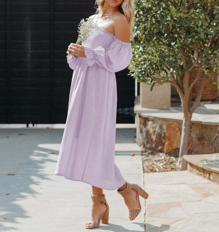 R.Vivimos Summer Dress for Women Long Sleeve Casual Plaid Print Smocked Off Shoulder A-Line Midi Dress