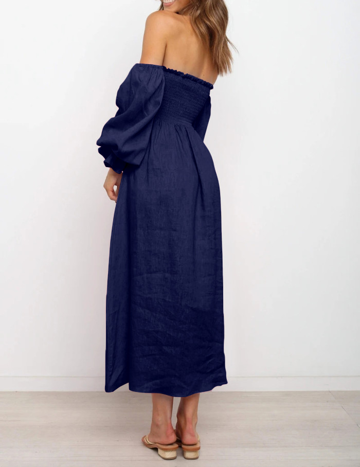 R.Vivimos Summer Dress for Women Long Sleeve Casual Plaid Print Smocked Off Shoulder A-Line Midi Dress
