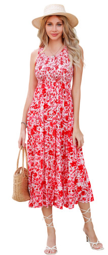 R.Vivimos Women's Summer Sleeveless Tank Dress Boho Casual Smocked Backless Tiered Ruffle Flowy Midi Dress