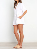 R.Vivimos Summer Jumpsuits for Women Casual Cotton V Neck Short Sleeve Button-Down Loose Fit Rompers with Pockets