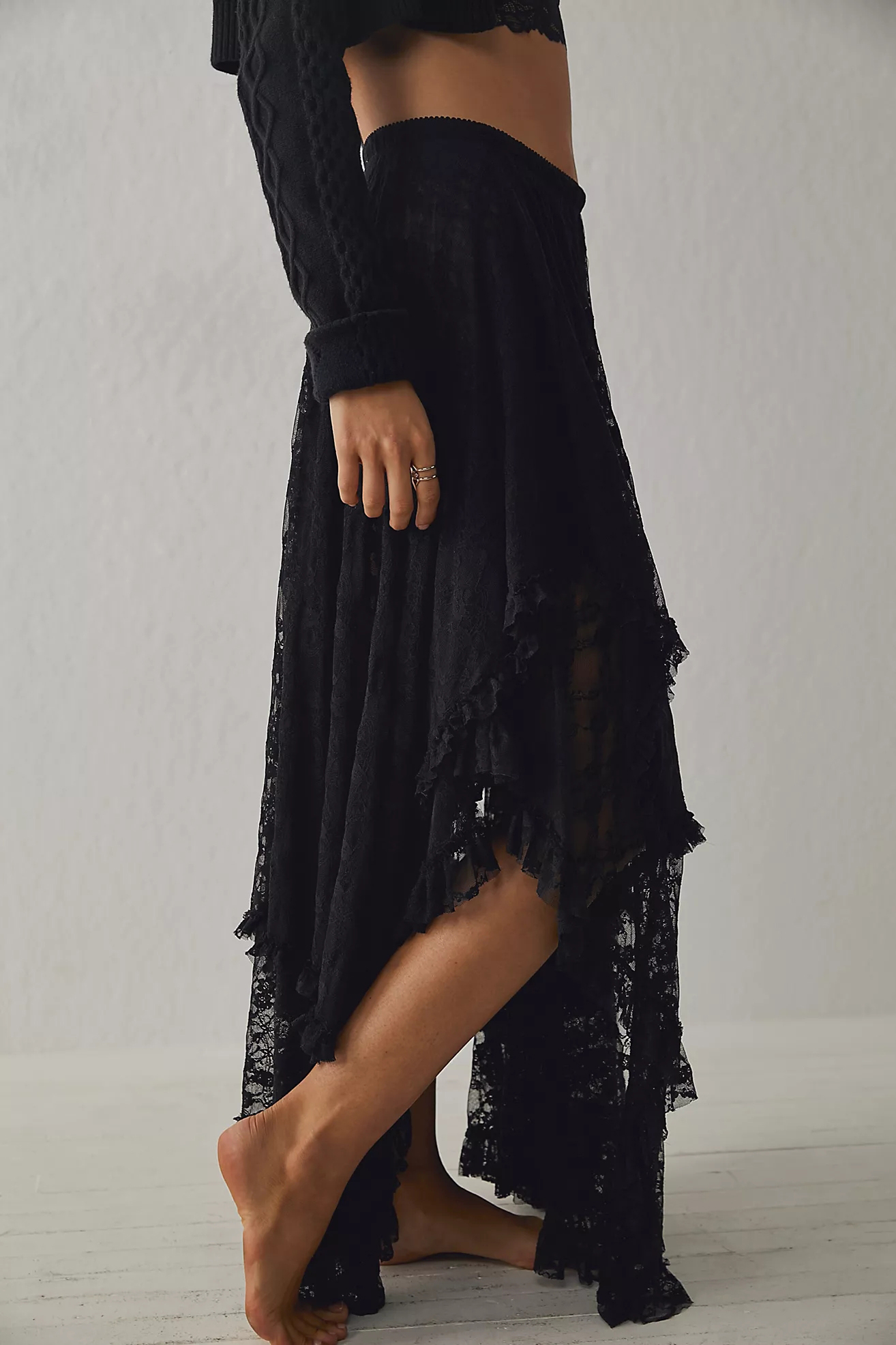 R.Vivimos Women Lace Long Skirts Summer Elastic Asymmetrical Layered Hem Sexy See-Through Beach Floral Maxi Skirts3