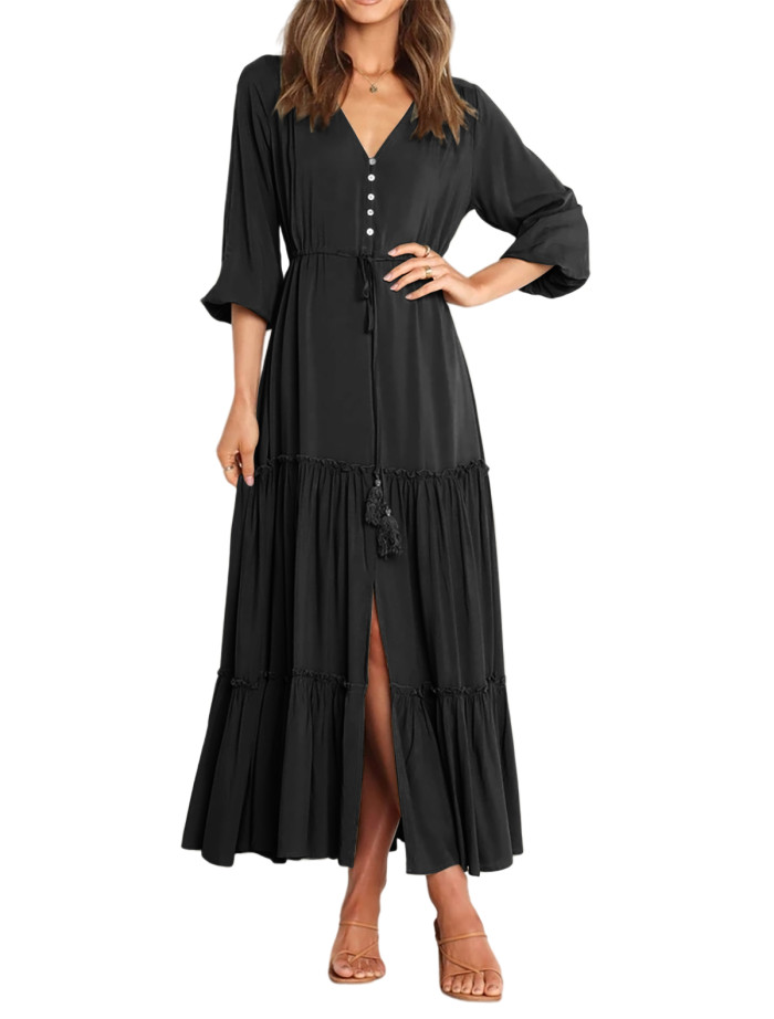 R.Vivimos Maxi Dress for Women Long Sleeve V Neck Drawstring Button Up Casual Split Flowy Dress