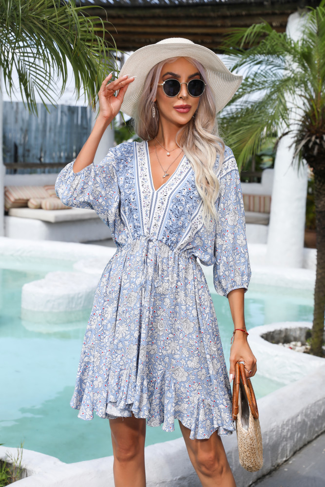 R.Vivimos Womens Summer Floral Dress 3/4 Sleeve Deep V Neck Boho Drawstring Backless Swing Mini Dress