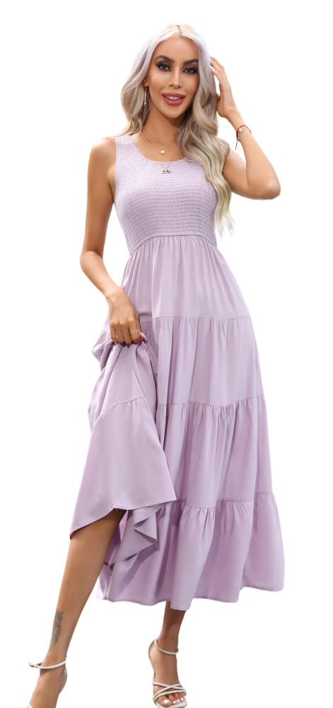 R.Vivimos Women's Summer Sleeveless Tank Dress Boho Casual Smocked Backless Tiered Ruffle Flowy Midi Dress
