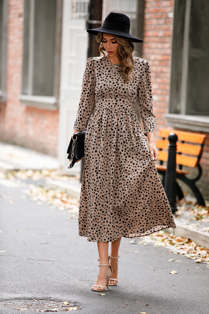 R.Vivimos Women's Fall Long Sleeve Crew Neck Casual Polka Dots Midi Dress with Pockets