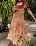 R.Vivimos Womens Fall Winter Velvet Dress Puff Sleeve Square Neck Smocked Tiered Ruffle A-Line Flowy Midi Dress