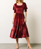 R.Vivimos Womens Fall Winter Velvet Dress Puff Sleeve Square Neck Smocked Tiered Ruffle A-Line Flowy Midi Dress