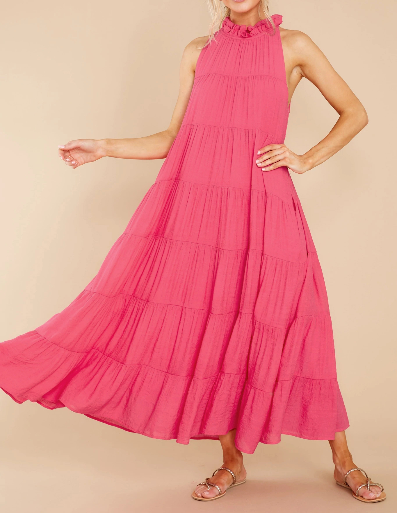 ◆Loulouseoul◆ Bohemian Halter Neck Rose Dress Ivory P0000F R.Vivimos Women's Summer Boho Ruffle Halter Sleeveless Mock