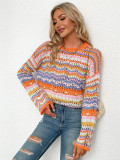R.Vivimos Women's Fall Winter Long Sleeve Striped Hollow Out Pullover Sweater Casual Loose Knit Jumper Top