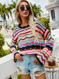 R.Vivimos Women's Fall Winter Long Sleeve Striped Hollow Out Pullover Sweater Casual Loose Knit Jumper Top