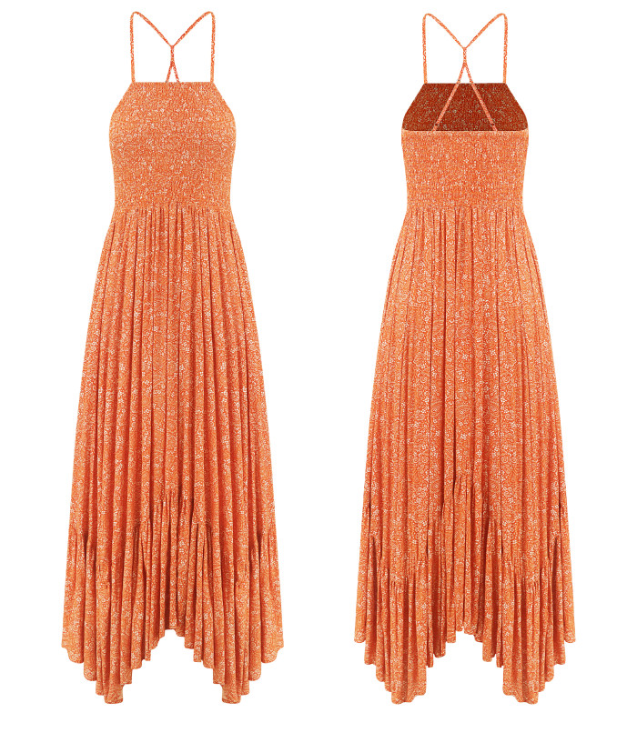 R.Vivimos Women's Summer Maxi Dress Spaghetti Strap Boho Floral Print Smocked Backless Casual Ruffle Flowy Long Dresses