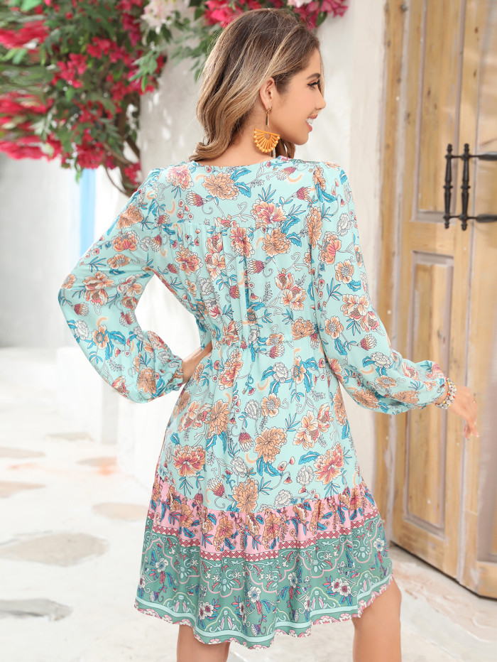 R.Vivimos Women's Cotton Long Sleeves V-Neck Button Up Floral Print Bohemian Flowy Mini Dress