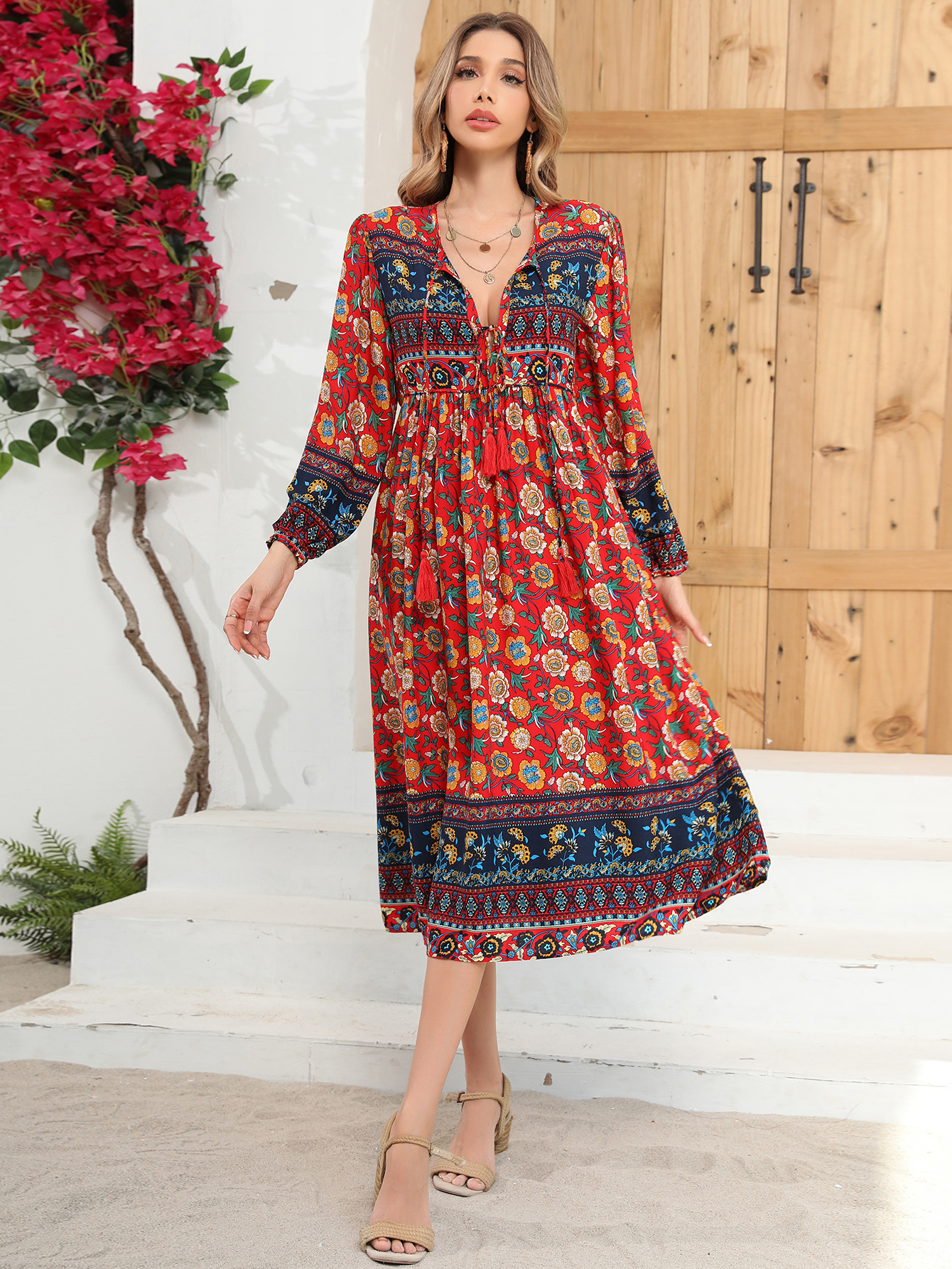 R.Vivimos Women's Long Sleeve Floral Print Retro V Neck Tassel Bohemian  Midi Dresses - Product Details