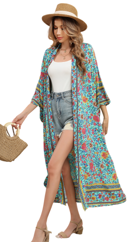 R.Vivimos Women's Vintage Floral Print Beach Boho Cardigan Kimono Maxi Swimwear Cover up Dress Wrap