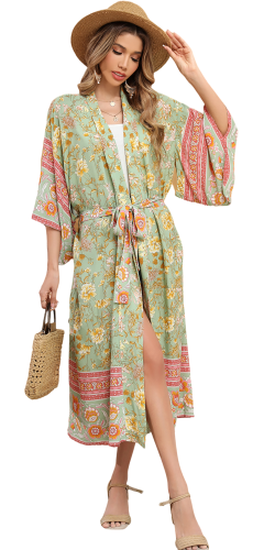 R.Vivimos Women's Vintage Floral Print Beach Boho Cardigan Kimono Maxi Swimwear Cover up Dress Wrap