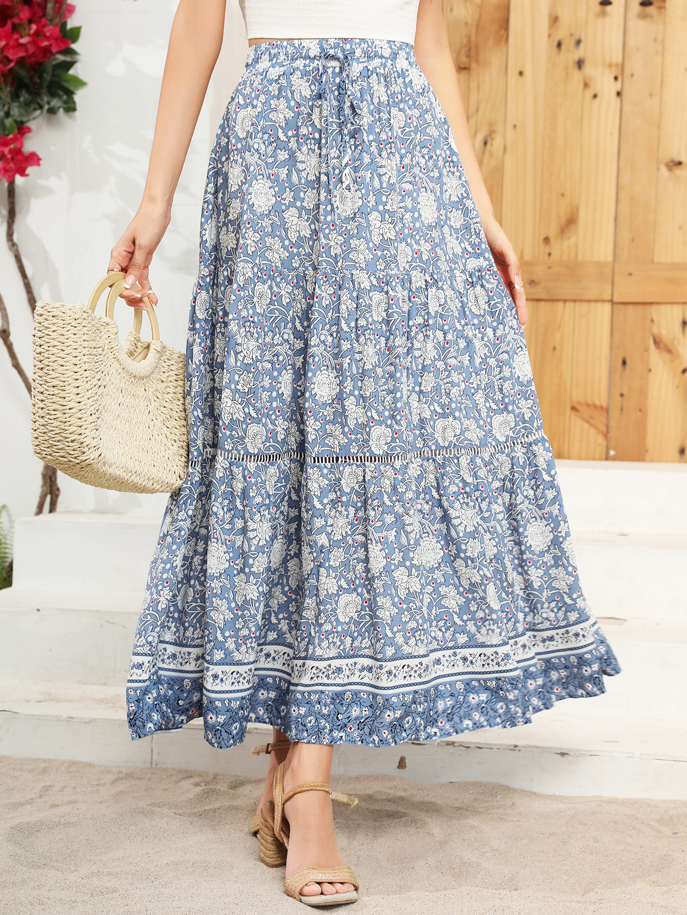 R.Vivimos Womens Summer Cotton Vintage Floral Print Boho Casual Long Skirt3