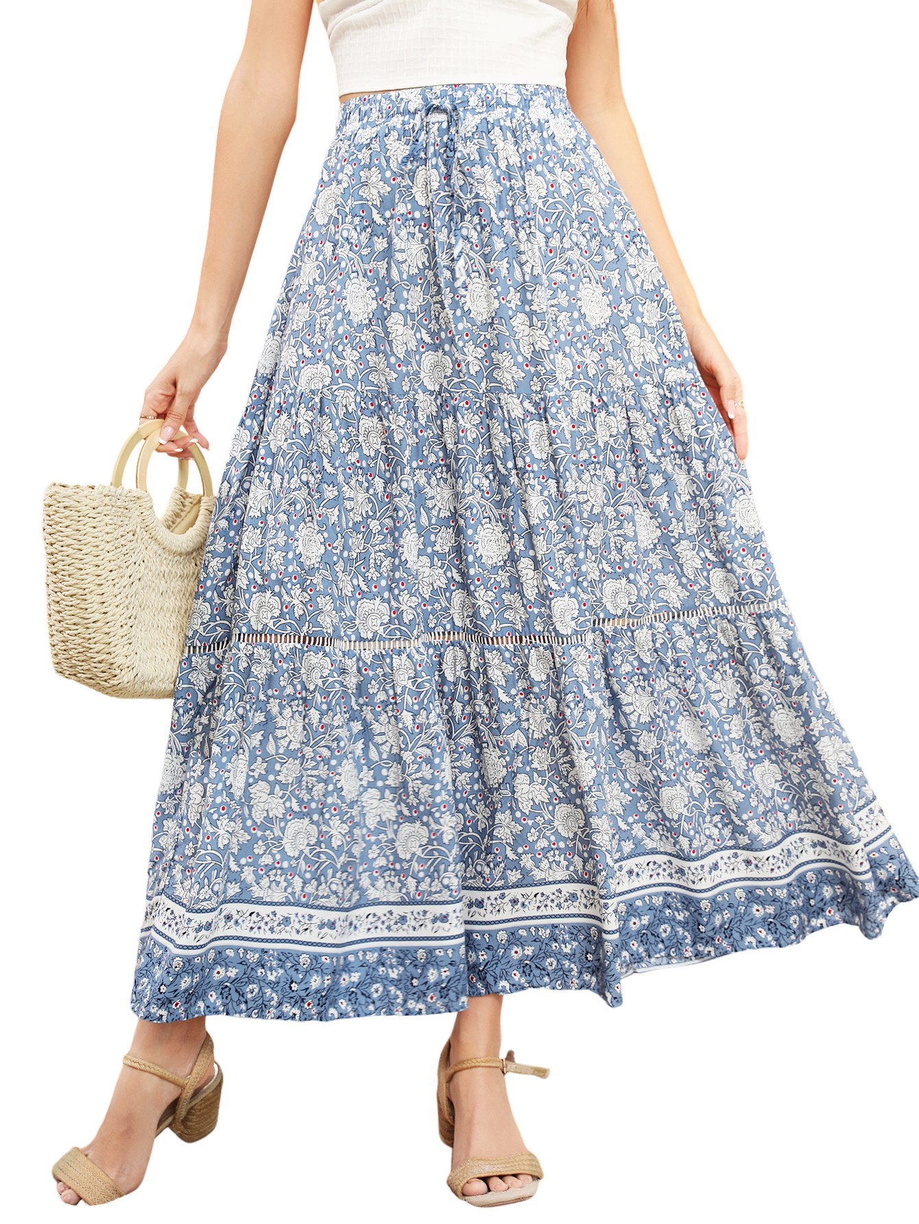 R.Vivimos Womens Summer Cotton Vintage Floral Print Boho Casual Long Skirt