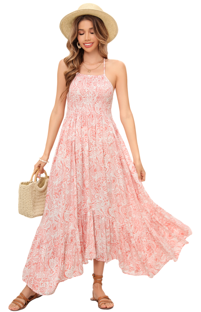 R.Vivimos Women's Summer Maxi Dress Spaghetti Strap Boho Floral Print Smocked Backless Casual Ruffle Flowy Long Dresses