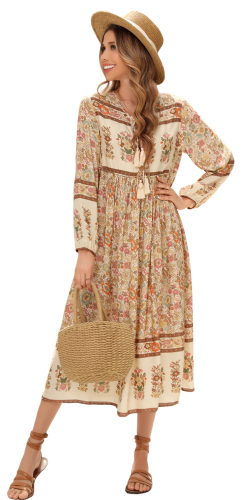 R.Vivimos Women's Long Sleeve Floral Print Retro V Neck Tassel Bohemian Midi Dresses
