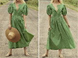 R.Vivimos Women Summer Maxi Dress Cotton Puff Sleeve Square Neck Vintage Floral Print Button Down A-Line Cottagecore Dress