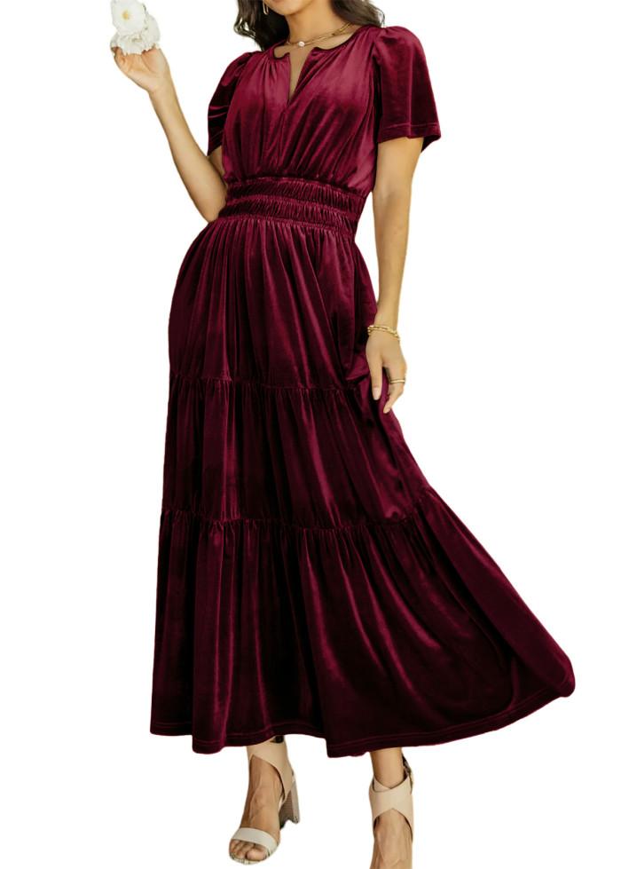 R.Vivimos Women's Fall Winter Vintage Velvet Dress Short Sleeve V Neck Elastic Waist Tiered Ruffle A-Line Elegant Maxi Dress