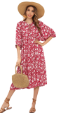 R.Vivimos Womens Summer Casual Midi Dress Lantern Sleeve Tie V Neck Boho Floral Print Loose Fit Flowy Long Dresses