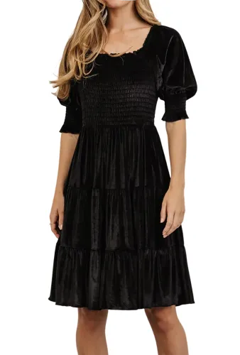 R.Vivimos Womens Fall Winter Velvet Casual Dress Puff Sleeve Square Neck Elastic Smocked A-Line Swing Flowy Knee Length Dress