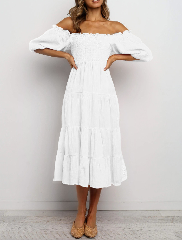 R.Vivimos Women's Summer Linen Lantern Sleeves Ruffled Off Shoulder A-Line Midi Dresses