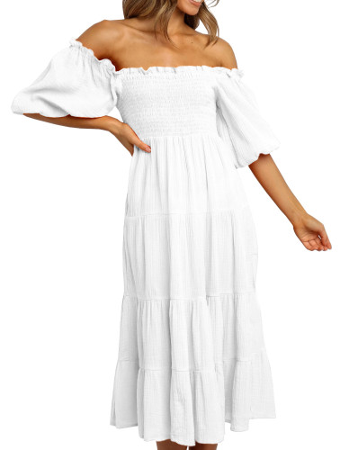 R.Vivimos Women's Summer Linen Lantern Sleeves Ruffled Off Shoulder A-Line Midi Dresses